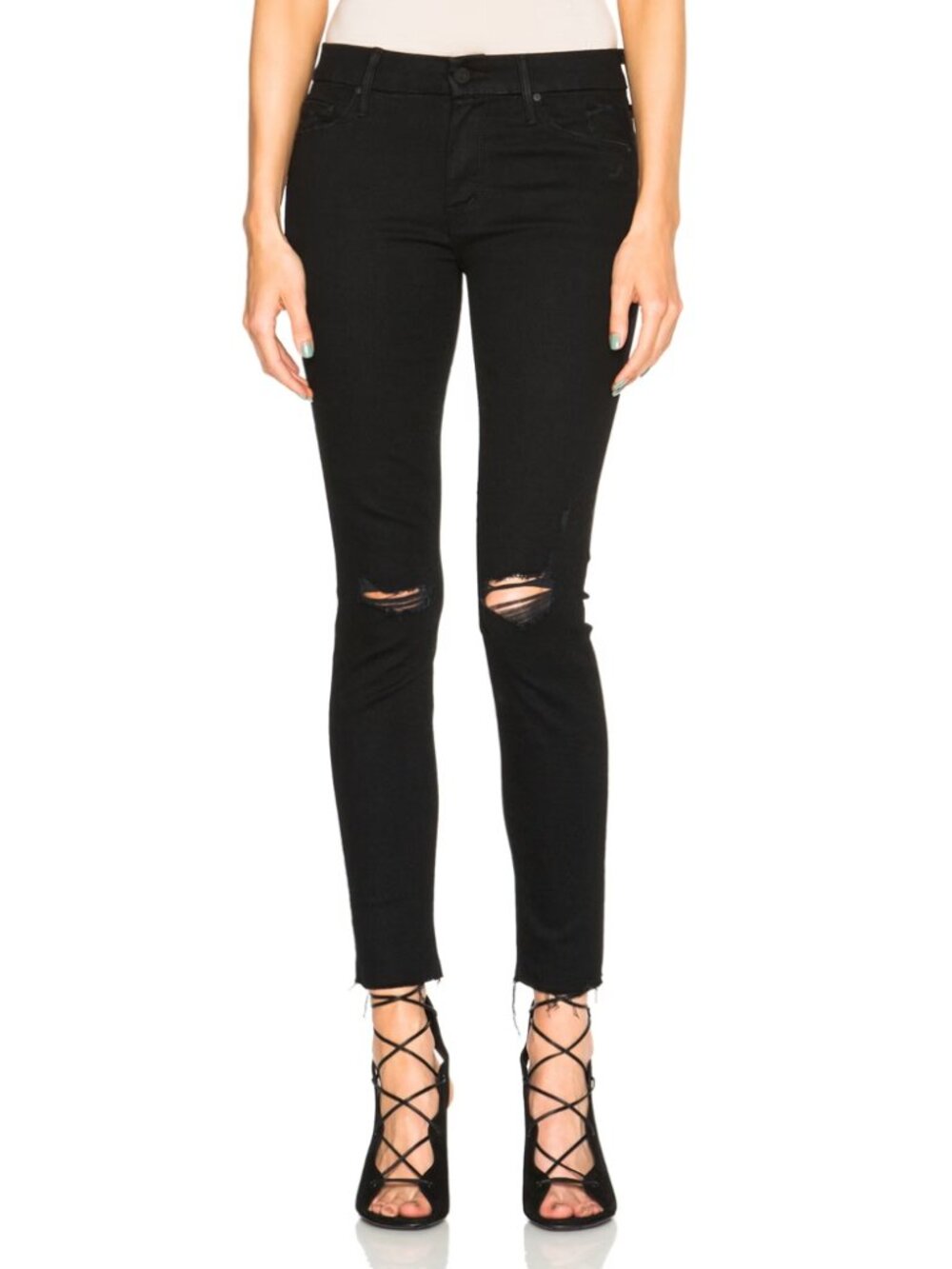 Mother Denim The Looker Ankle Fray Jeans Guilty as Sin Black Distressed Size 27